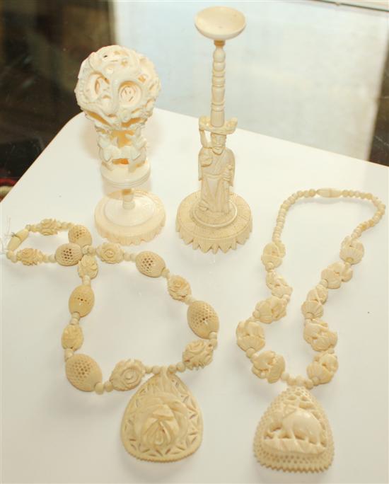 Two carved ivory necklaces, concentric ball on stand (boxed) & an ivory ball stand